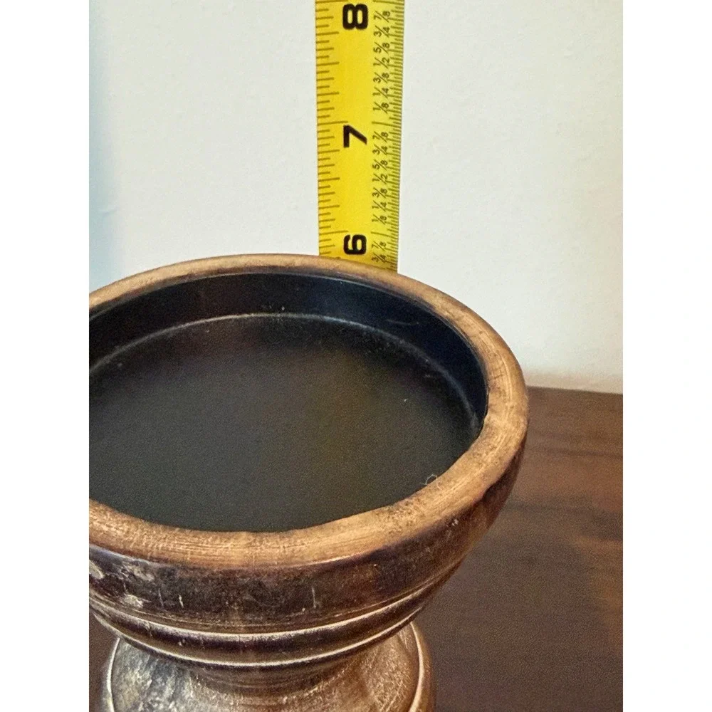 Set of 2 Rustic Distressed Wood Pillar Candle Holders Farmhouse Brown 6 Inch